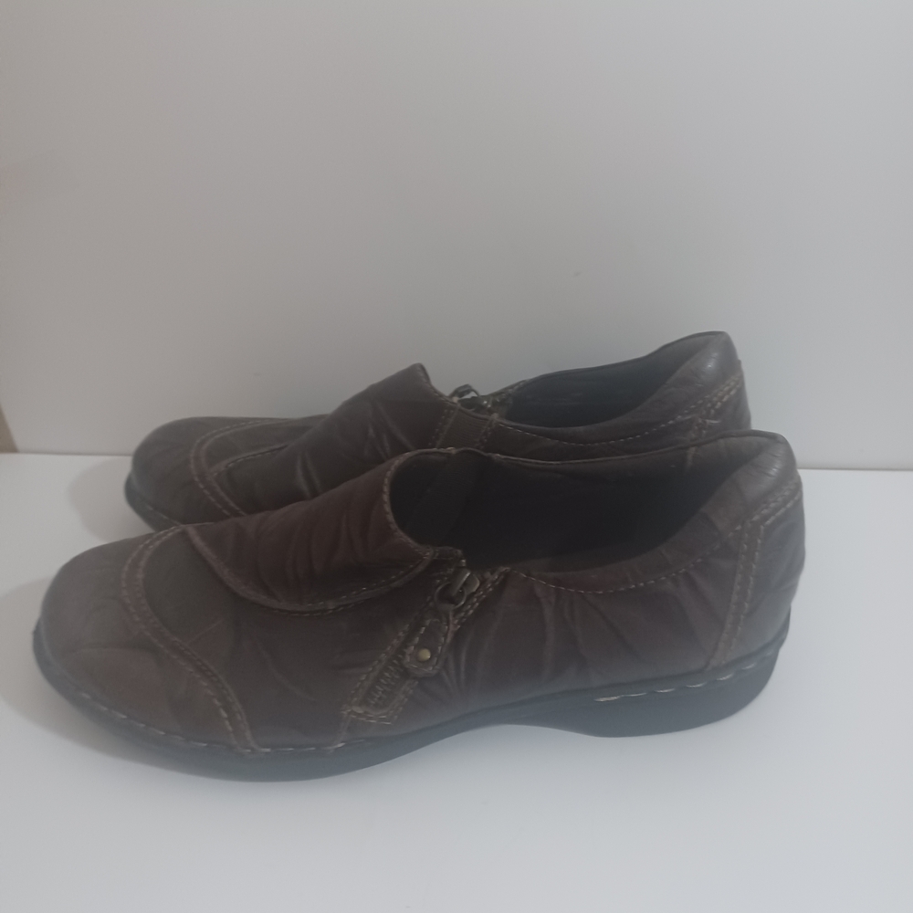 Clarks Bendable Leather Slip-on Zip-up Chocolate Brown Shoes Pre-owned Size 10M
